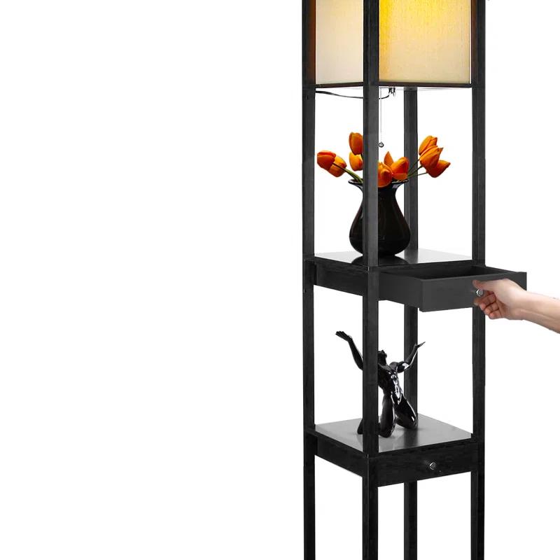 Brightech Maxwell 72" Traditional LED Shelf Floor Lamp with Black Finish, 4 Built-In Shelves, 3 Storage Drawers, Bulb Included