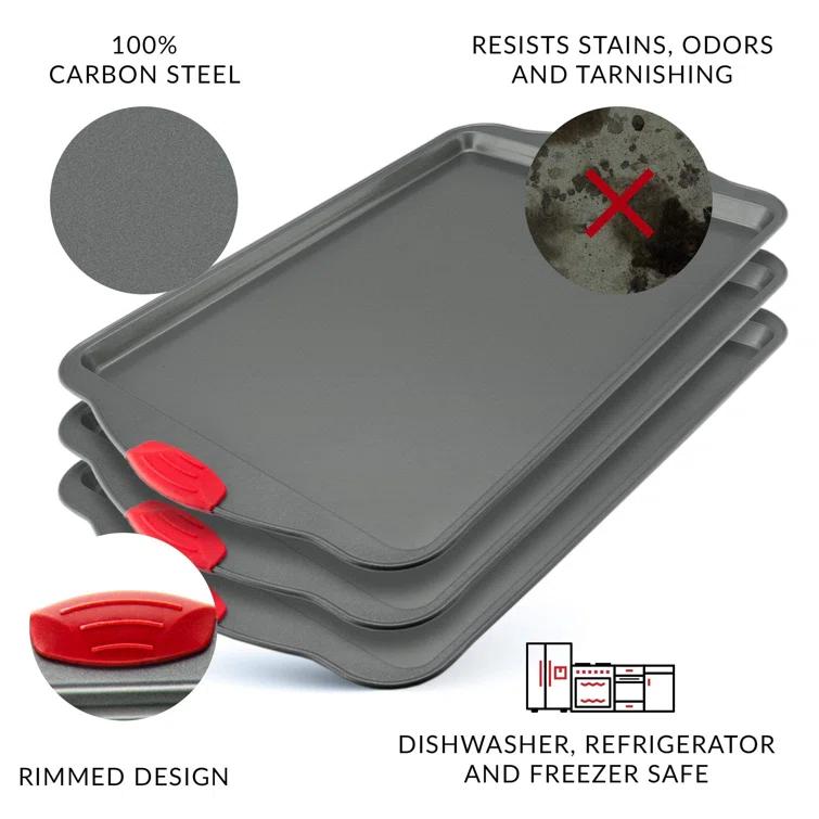 SHIRLEY'S OFFICE FURNITURE, LLC Premium Nonstick Baking Sheet Pans – Set Of 3, Heavy-Gauge Carbon Steel, Warp, Dent, And Rust-Resistant – Gourmet Rimmed Cookie Sheet Trays, Non-Toxic For Exceptional Baking Performance