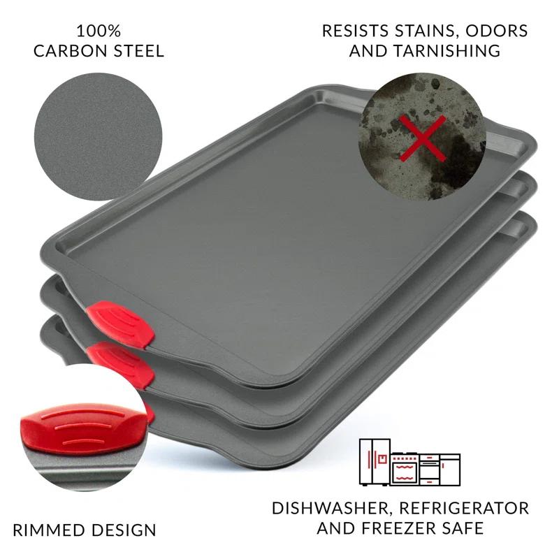 SHIRLEY'S OFFICE FURNITURE, LLC Premium Nonstick Baking Sheet Pans – Set Of 3, Heavy-Gauge Carbon Steel, Warp, Dent, And Rust-Resistant – Gourmet Rimmed Cookie Sheet Trays, Non-Toxic For Exceptional Baking Performance