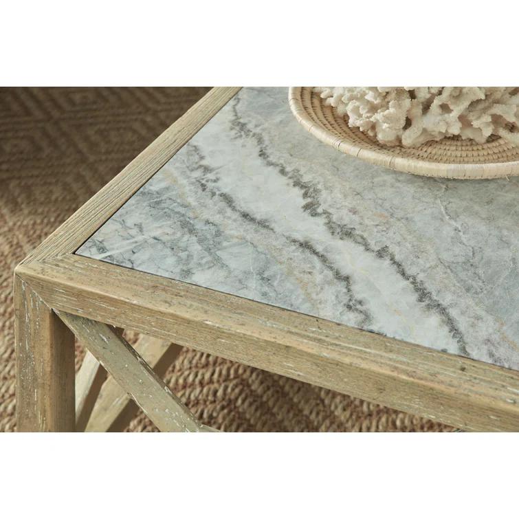 Driftwood Finish Square Wood Cocktail Table with Stone Veneer
