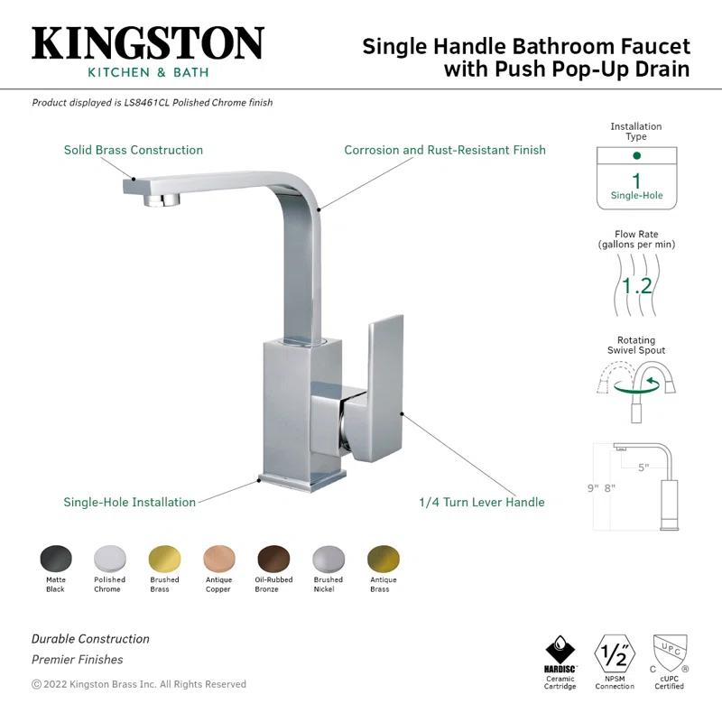 Kingston Brass Claremont Single-Handle 1-Hole Deck Mount Bathroom Faucet with Push Pop-Up
