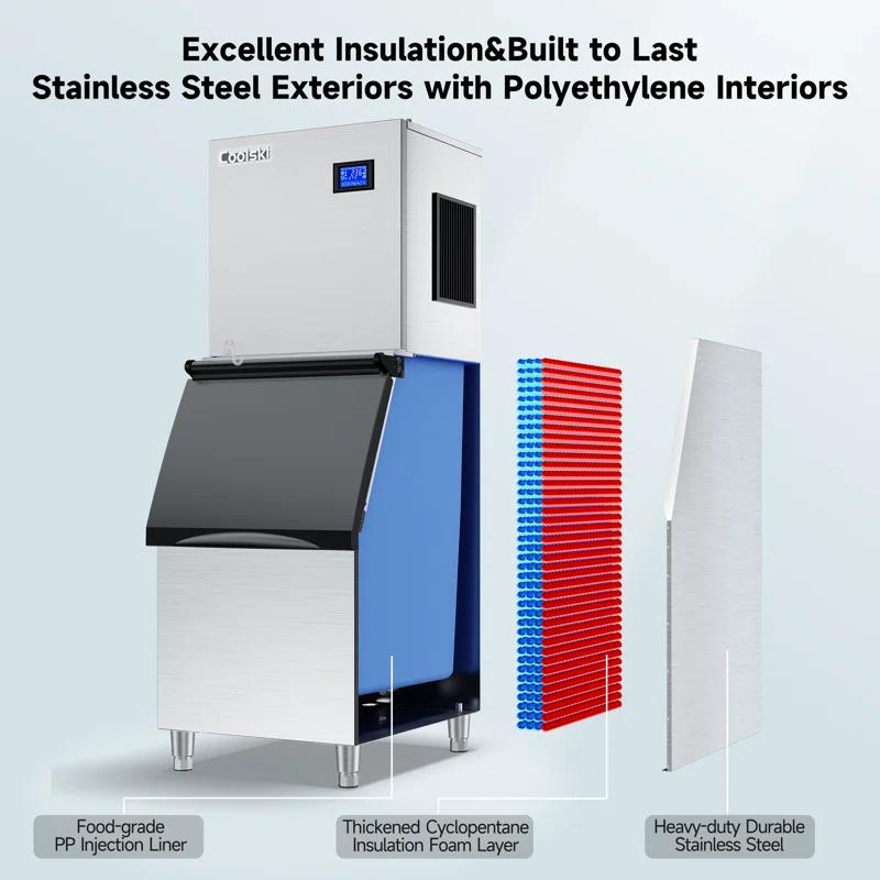 Coolski Coolski Commercial Ice Machine 350 lb. Daily Production Clear Cube Ice, Freestanding Ice Maker For restaurants Bars Hotels, Stainless Steel