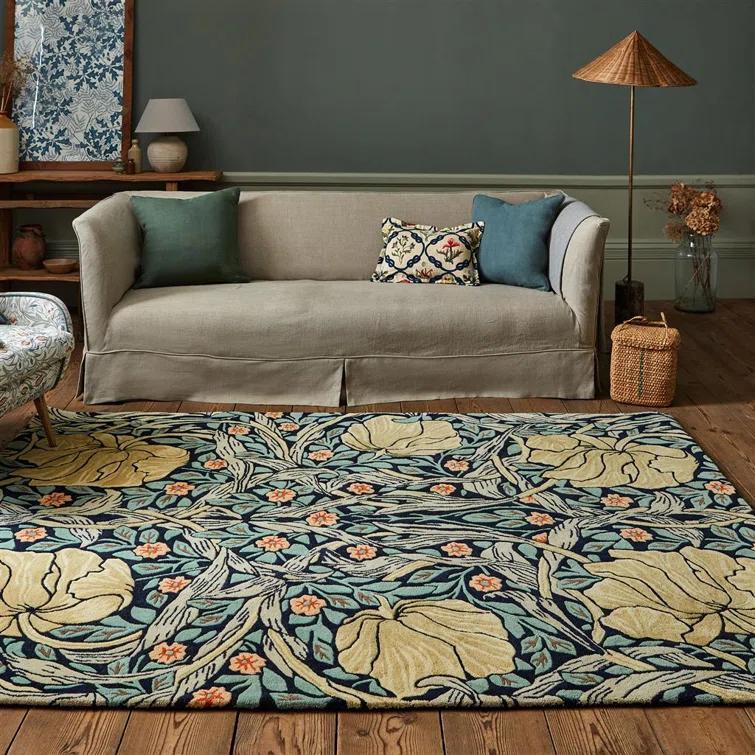 Handmade Blue Floral Wool and Viscose Rectangular Rug