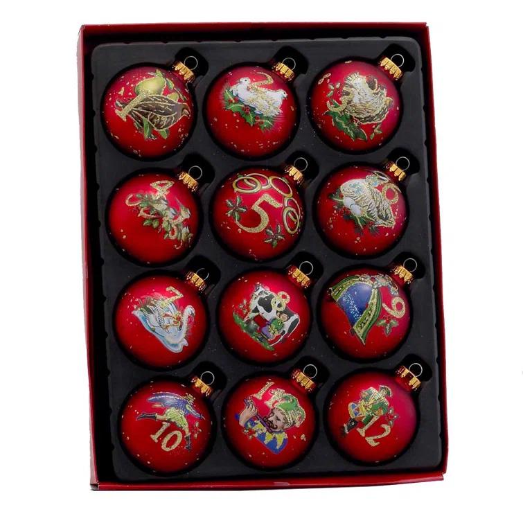 Kurt Adler 12 Piece 12 Days of Christmas Decorative Glass Ball Ornament Set
