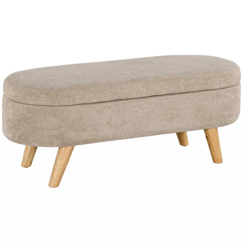 Corrigan Studio® Storage Ottoman Bench, 43.3" Teddy Fleece Upholstered End Of Bed Bench With Wood Legs And Padded Seat, Oval Modern Entryway Bench, Beige
