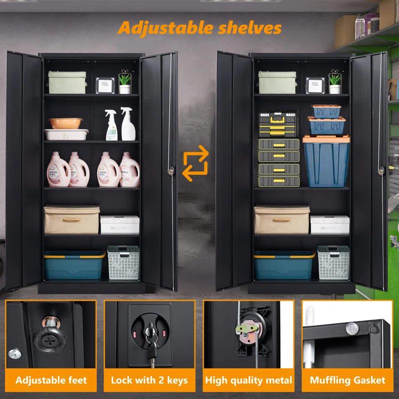 Inbox Zero Metal Storage Cabinet With Lock Door, Adjustable Shelf Steel Cabinets For Office, Home