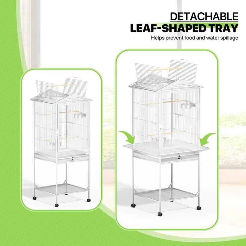 Bring Home Furniture Open Top Bird Cage with Play Area Removable Tray Wooden Perches, and Wheels Suitable for Small Birds Like Budgies Cockatiels and Parakeets
