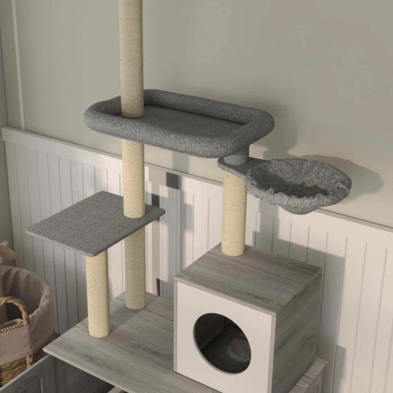 Tucker Murphy Pet™ Cat Tree With Litter Box Enclosure, 2 In 1 Floor To Ceiling Cat Tower Litter Box Furniture With Condo, Bed, Hammock, Scratching Posts, And Platforms For Indoor Use