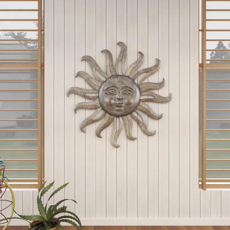 Metal Indoor Outdoor Face Sun Gray Wall Decor with Ribbed Detailing
