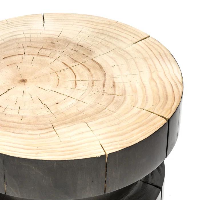 Modern Round Wood Drum End Table in Black and Natural Pine