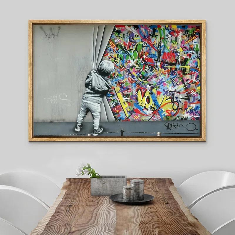IDEA4WALL Pop Urban Street Banksy British Artist Kid Spray Paint Curtain Illusion Colorful Large Canvas Print Wall Art