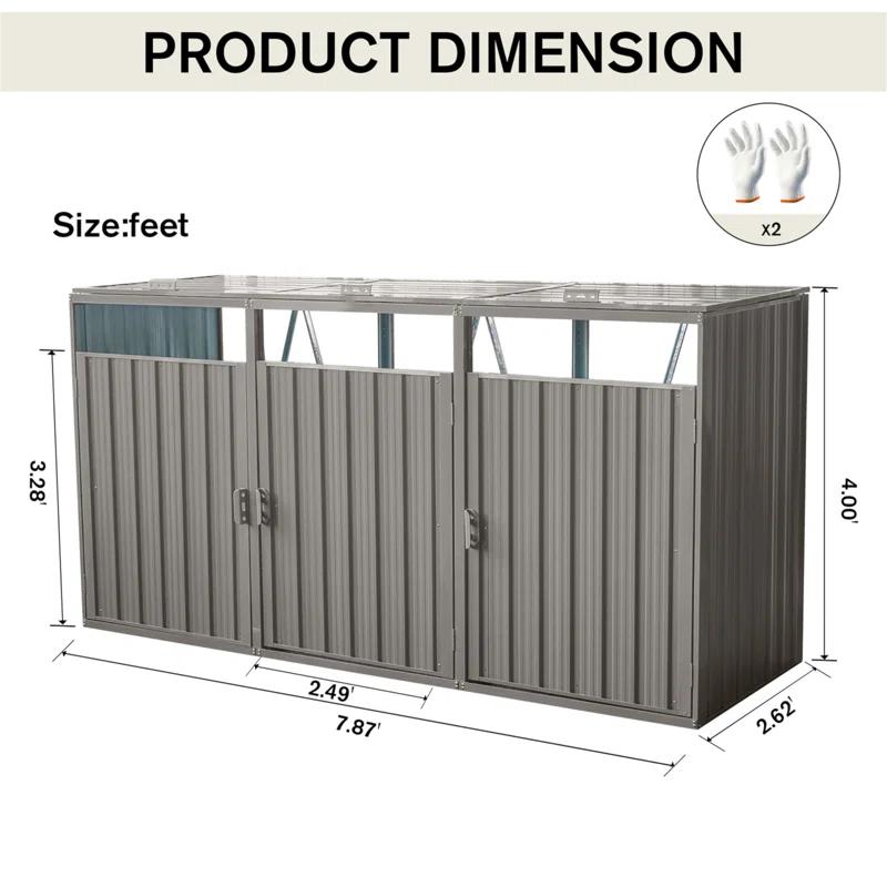 Alxfarton Garbage Bin Shed Stores 3 Trash Cans Metal Outdoor Bin Shed For Garbage Storage