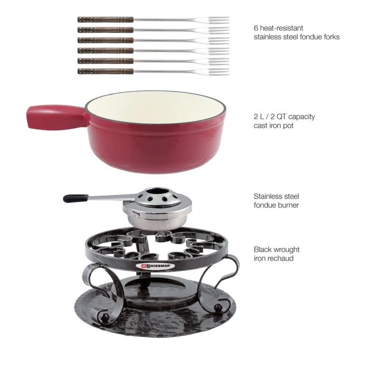 Swissmar Swissmar Lugano 2-Quart Cast Iron Cheese Fondue Set, 9-Piece, Cherry Red