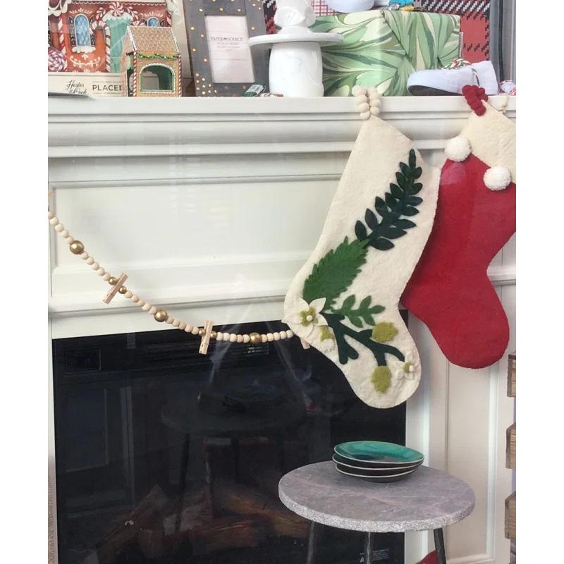Hand Felted Wool Christmas Stocking - Green Leaves on Cream