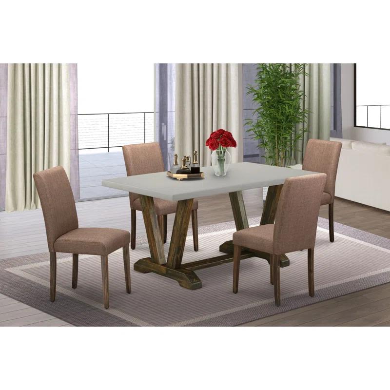 Red Barrel Studio® 5-Piece Dining Table Set Includes a Cement Wood Table and 4 Light Sable Linen Fabric Padded Chairs - Distressed Jacobean Finish