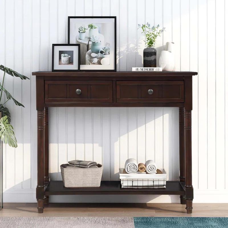 Alcott Hill® Wood Console Table with Two Drawers, Bottom Shelf