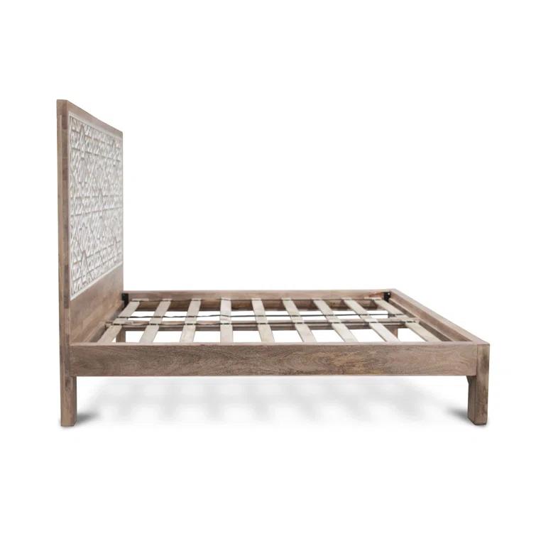Natural White Mango Wood Queen Bed with Carved Headboard