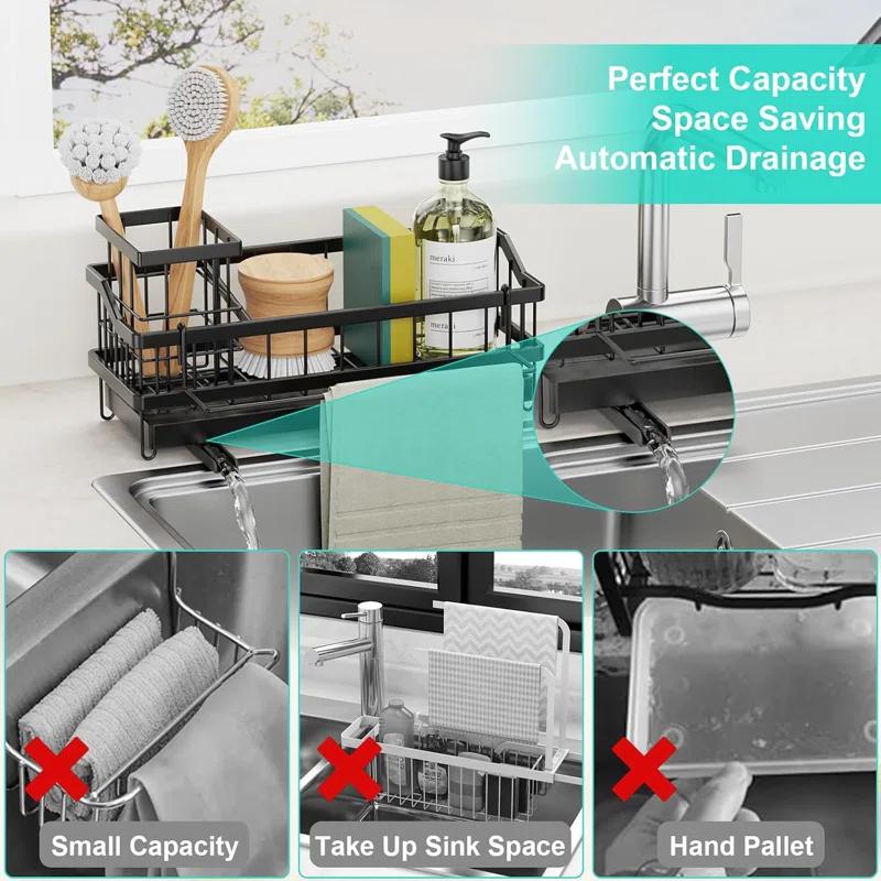 WKING Stainless Steel Kitchen Sink Caddy Organizer With Draining Tray, Rustproof Sponge Holder For Sink, Adjustable Compartments, Space-Saving Design