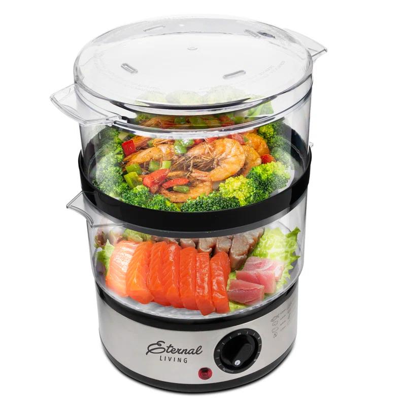 Electric Food Steamer Stackable Two-tier Bowls, 5 Quart, Stainless Steel