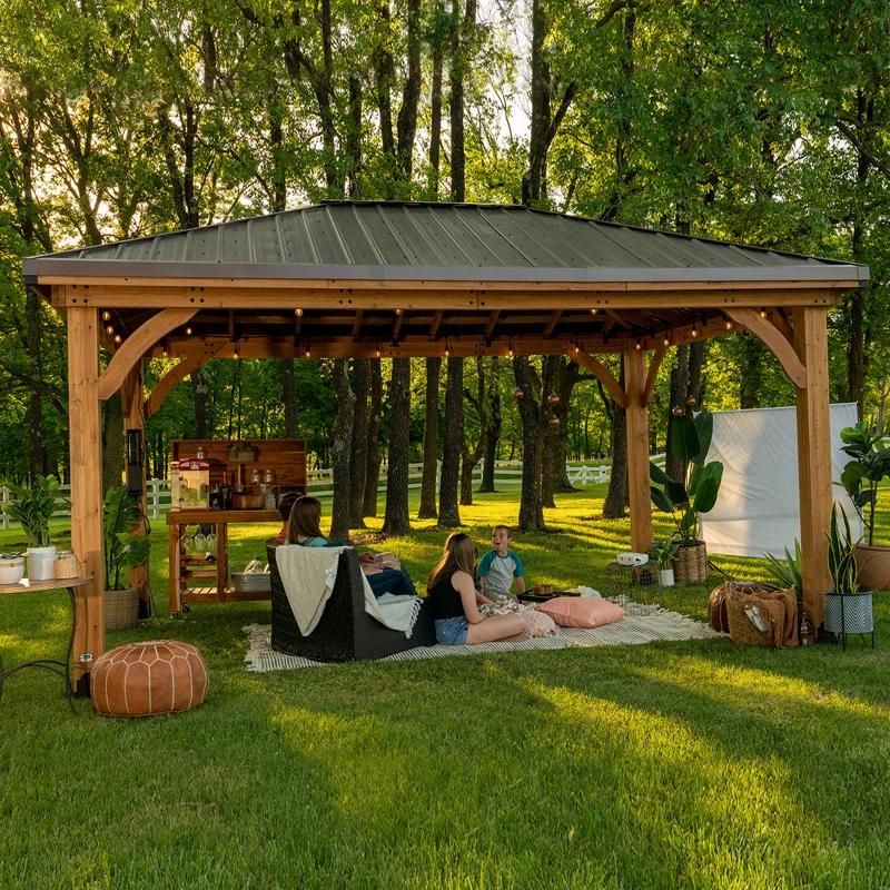 Backyard Discovery Backyard Discovery Barrington 16' x 12' Cedar Wood Outdoor Patio Gazebo with Hardtop Galvanized Steel Hip Roof and PowerPort