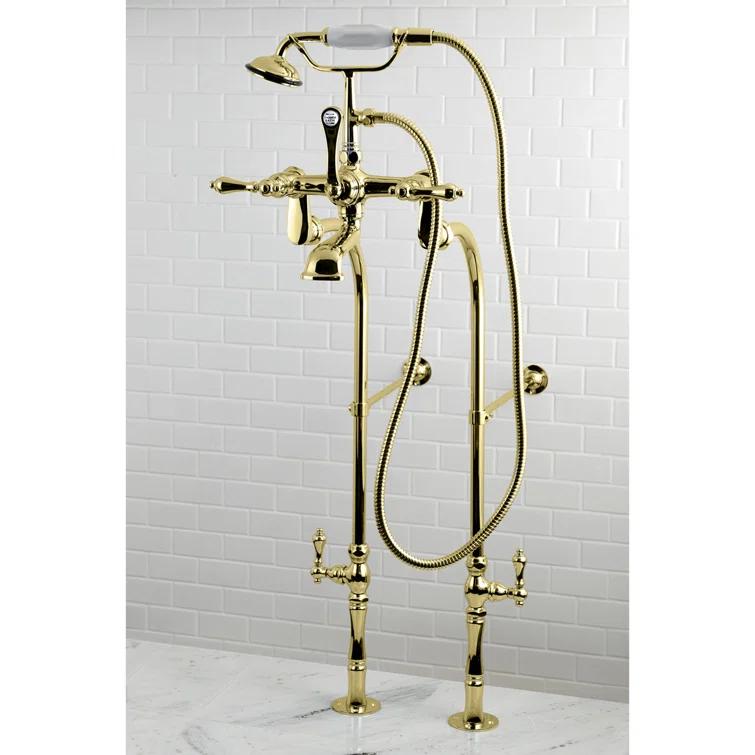 Kingston Brass Vintage Three-Handle 2-Hole Freestanding Clawfoot Tub Faucet Package with Supply Line and Hand Shower
