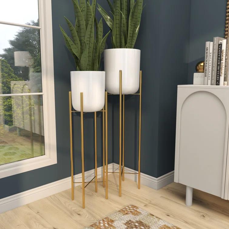 CosmoLiving by Cosmopolitan 2 - Piece Silver Metal Tall Indoor Outdoor Dome Indoor Outdoor Planter with Removable Stand Set