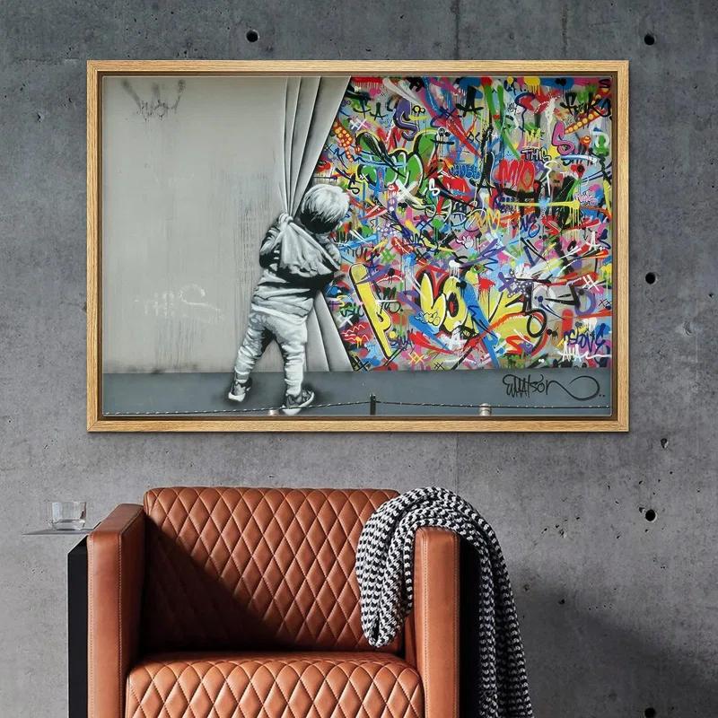 IDEA4WALL Pop Urban Street Banksy British Artist Kid Spray Paint Curtain Illusion Colorful Large Canvas Print Wall Art