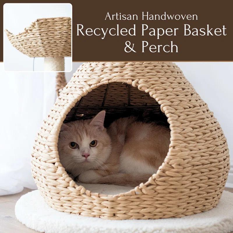 PetPals PetPals Walk Up Cat Tree with Fleece Perch, Handwoven Basket, and Sisal Scratching Post, Eco-Friendly Cat Furniture, Beige