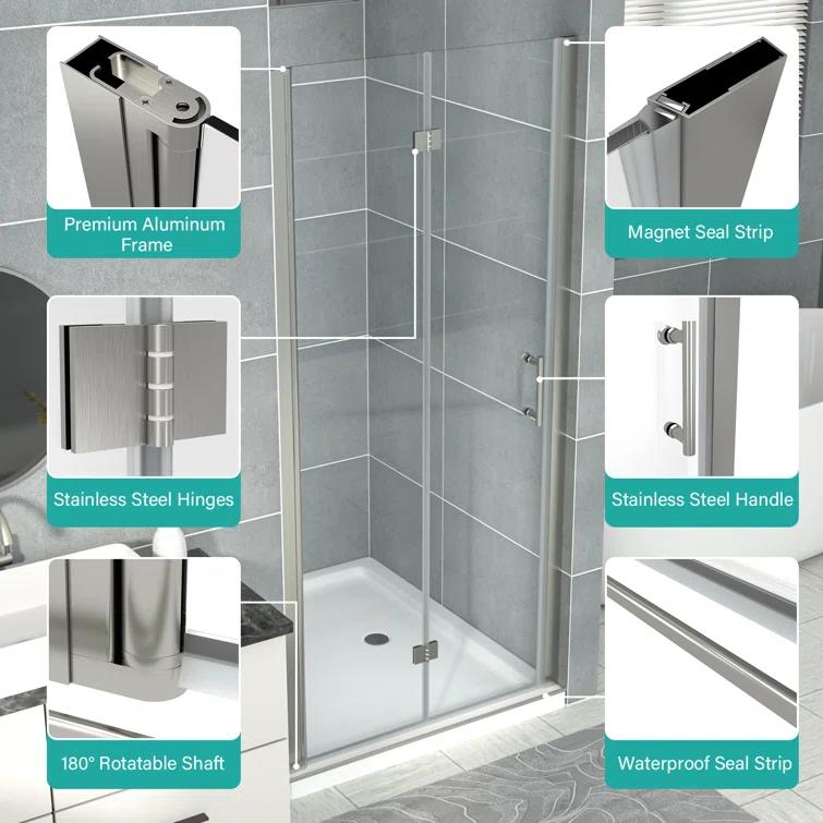 Sarlai 30 - 31 3/8" W x 72" H BiFold Frameless Glass Shower Door with Clear Tempered Glass S-SD3072BF-SS