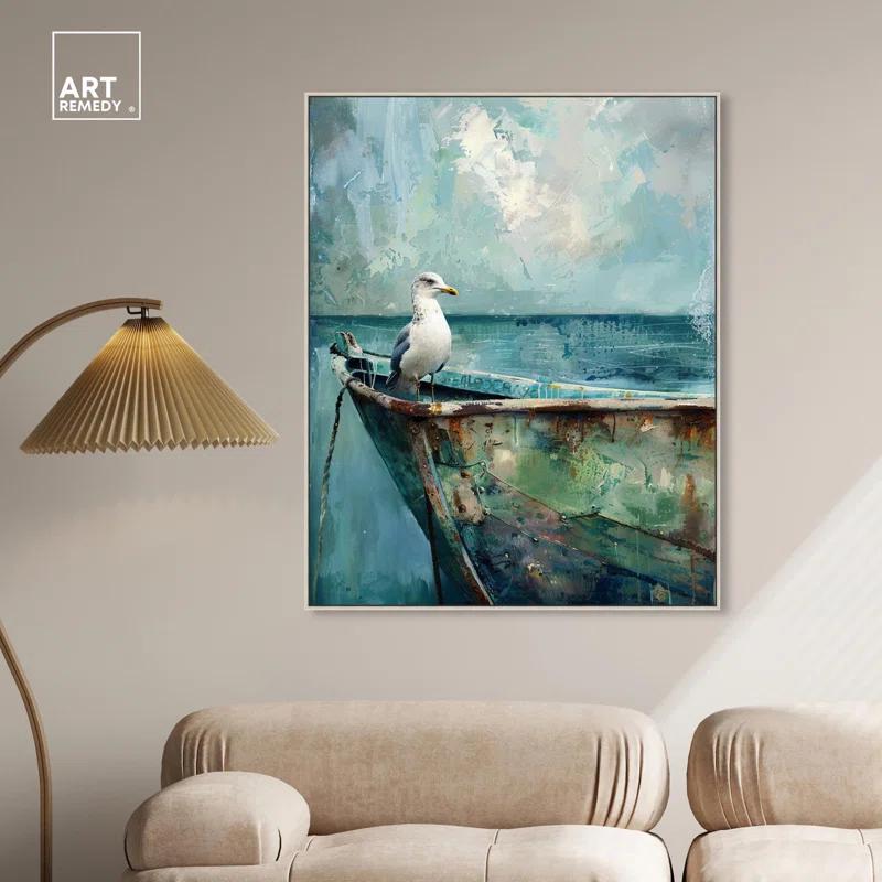 Art Remedy Seagull And Boat Canvas Coastal Wall Art by Art Remedy