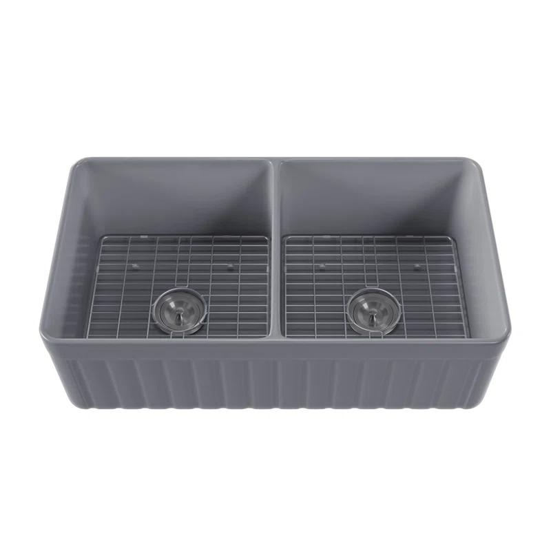 DeerValley Nova 33" L x 18" W Double Bowl Fireclay Farmhouse Kitchen Sink with Sink Grid and Basket Strainer DV-1K0041