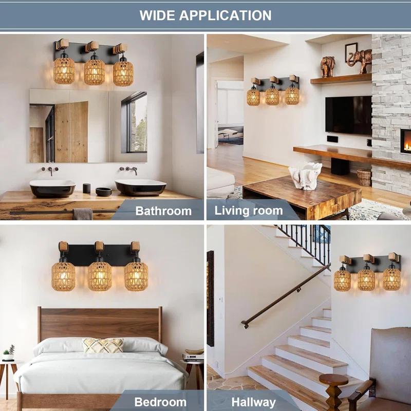 BEAUTY DEPOT Rustic Wood Bathroom Vanity Light Fixture With Boho Wicker Lampshade, 3-Light Farmhouse Wall Sconce For Bedroom, Hallway, Living Room, Black Rattan Design