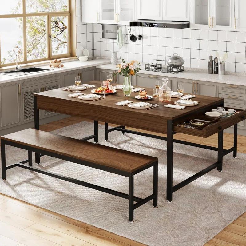 17 Stories Zubie 63"Dining Table Set for 4-6, 3-Piece Kitchen Table with 2 Utensil Drawers,2 Benches&Wine Rack