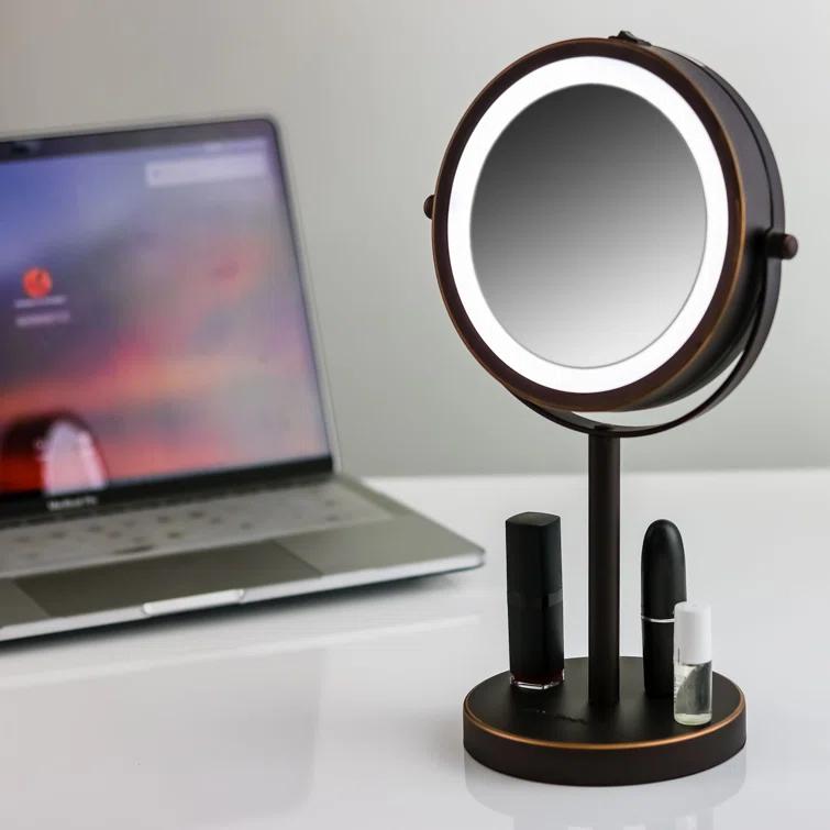 Ovente OVENTE 6" Lighted Makeup Mirror with 1X/7X Magnification, Cordless Tabletop Mount Vanity Round Mirror with 360° Swivel Design and Double Sided Cool Tone LED Ring Light, Antique Bronze MLT60ABZ1X7X
