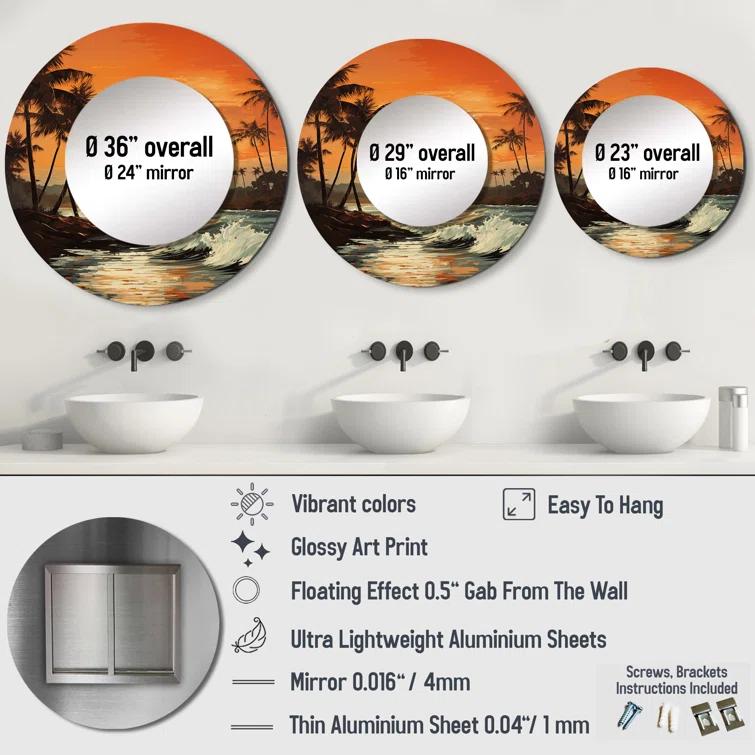 Design Art Tangerine Twilight Tropical Tranquility Sunset I - Palm Trees Large Mirror, Orange Round Decorative Wall Mirror, Printed Metal Art | Wayfair