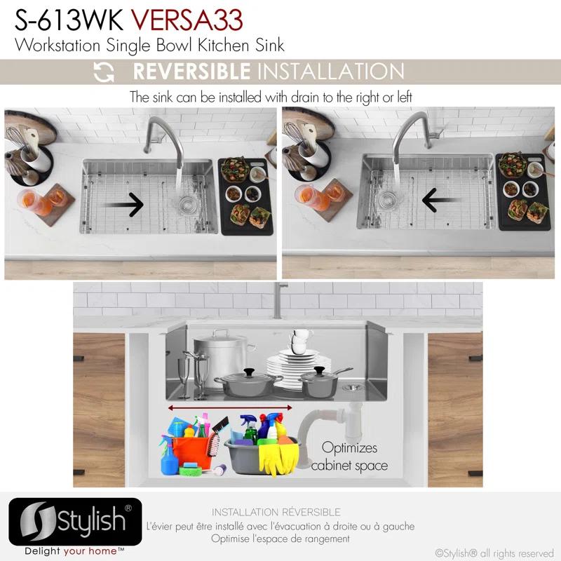 Stylish Versa33 Undermount 33" Workstation 16-gauge Single-Bowl Kitchen Sink