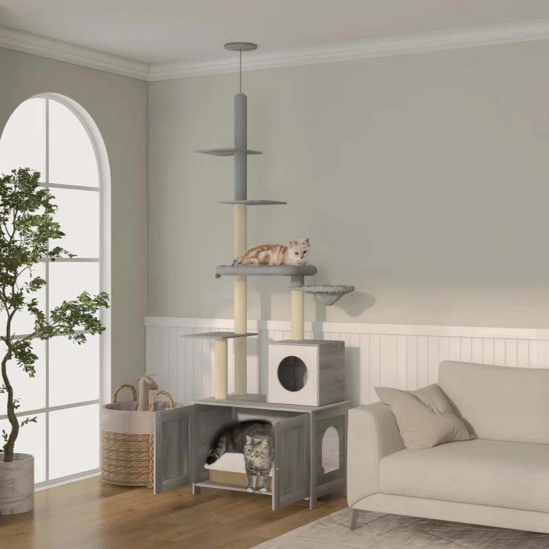 Tucker Murphy Pet™ Cat Tree With Litter Box Enclosure, 2 In 1 Floor To Ceiling Cat Tower Litter Box Furniture With Condo, Bed, Hammock, Scratching Posts, And Platforms For Indoor Use