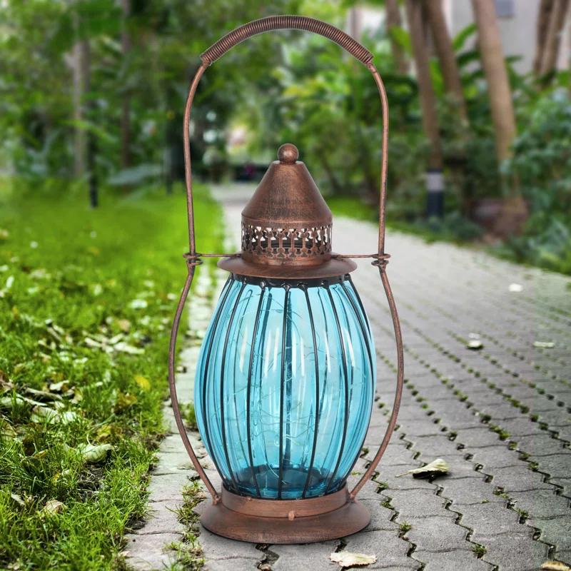 Exhart Exhart Solar Antique Metal and Glass Accent Lantern with Fifteen LED Fairy Firefly String Lights, 7 by 14"