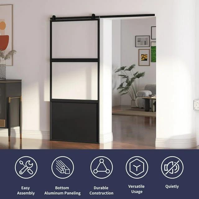 TREEBLING 84" Metal and Glass Sliding Barn Door with Two-Way Soft Close and Installation Hardware Kit