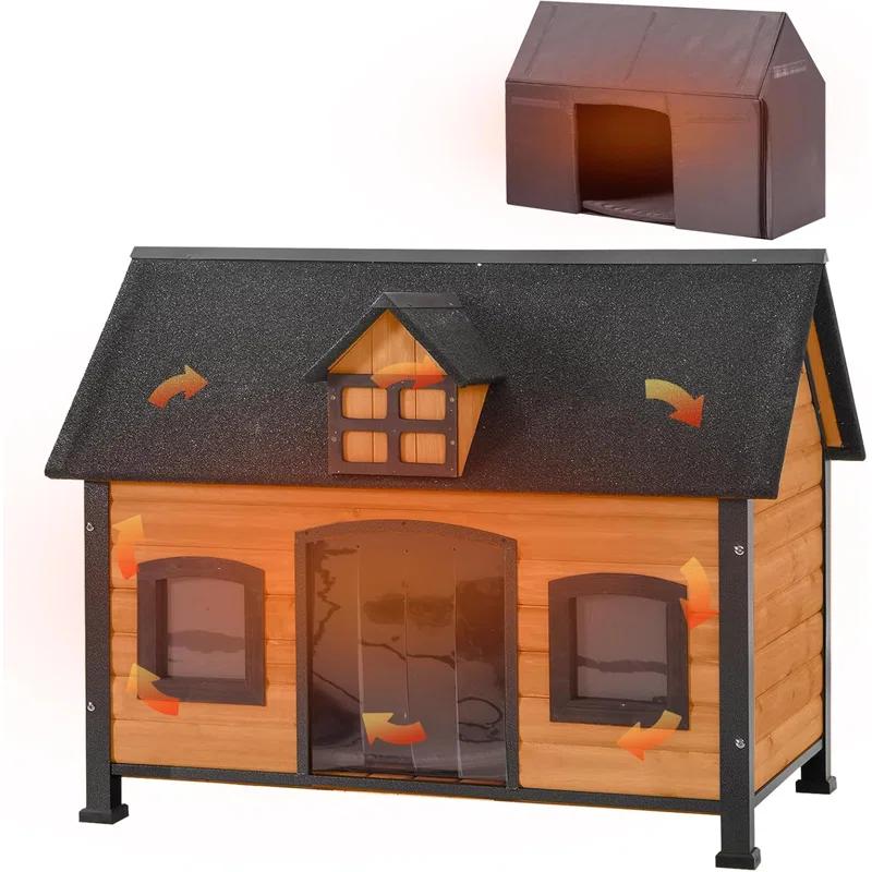Archie & Oscar™ Insulated Outdoor Dog House with Insulated Liner, Anti-Chewing Iron Frame Wooden Dog Kennel with Unique Design Roof, Weatherproof Dog House for Outdoor Indoor