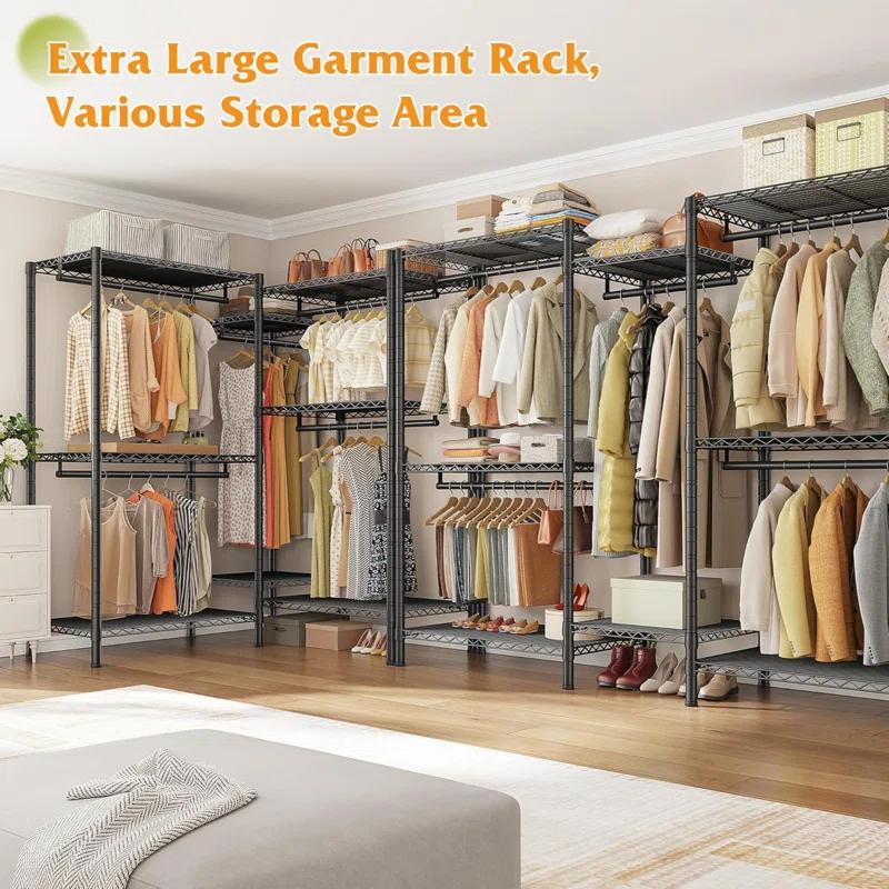 Rebrilliant Clothes Rack, 900LBS Heavy Duty Clothes Rack, Clothing Racks For Hanging Clothes, L Shaped Garment Rack For Corner Freestanding Wardrobe Closet Space Saver 74.5" W X 18" D X 77" H, Black