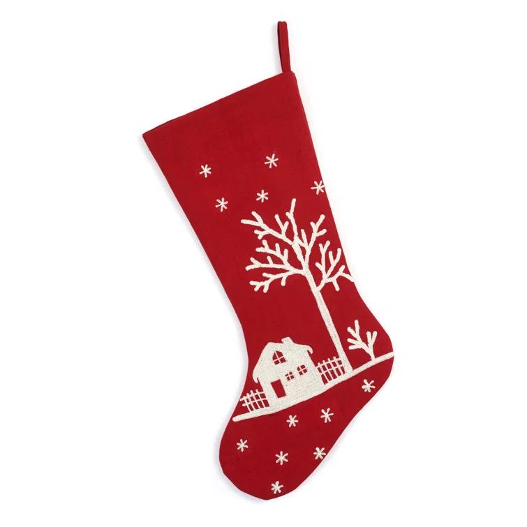 Arcadia Home Handmade Christmas Stocking - Snowy Village Embroidered Scene on Red