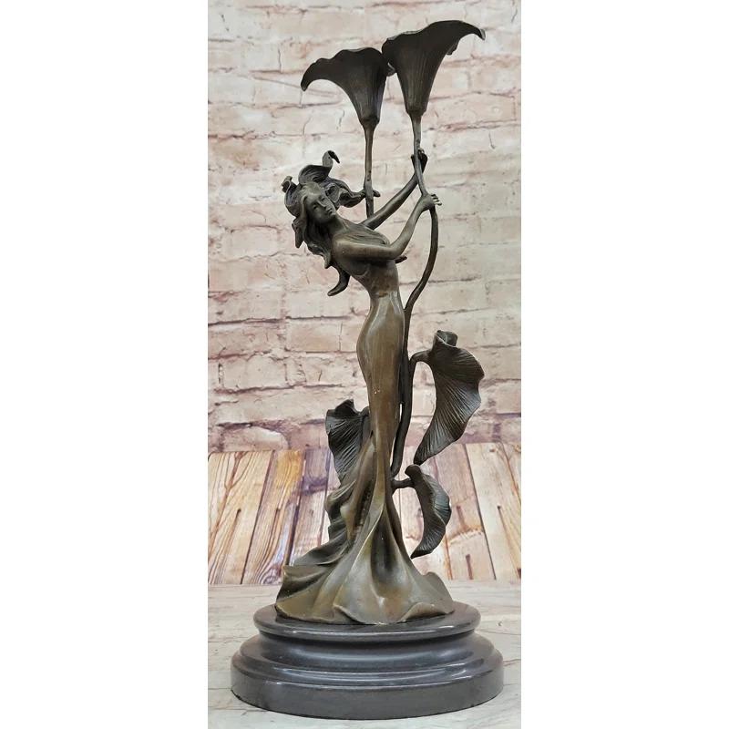 Red Barrel Studio® Walene Tulip Young Girl Candlestick Statue Bronze Art Deco Candleholder Sculpture
