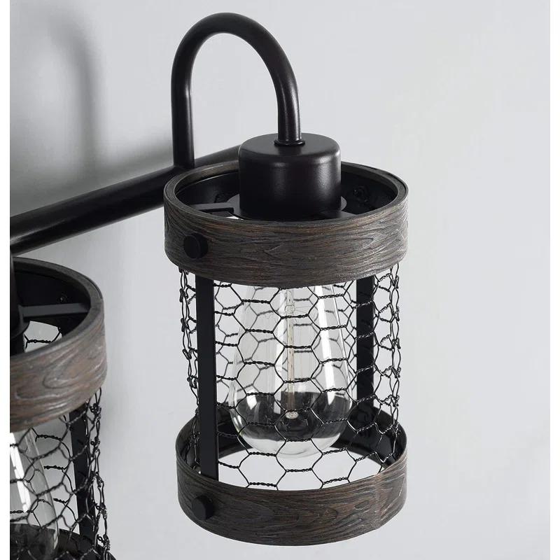 Co-t Kenroy Home Industrial Farmhouse 3-Light Bath Vanity Fixture With Chicken Wire Mesh Shades & Distressed Wood Accents