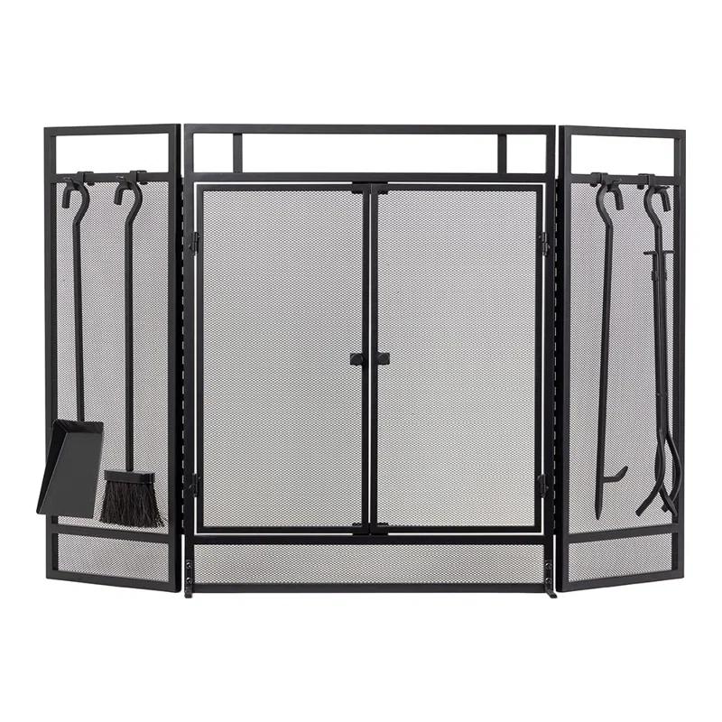 Kern River Mesh Trifold Fireplace Screen with 4 Piece Tool Set in Black