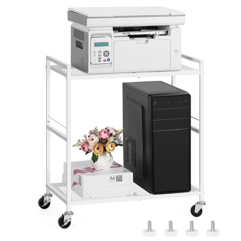 Computer Tower Stand, PC Tower Stand Metal Rolling Cart Holds Up To 40Lbs, 2 Tier Mobile Printer Stand With Storage Under Desk For Home & Office, White