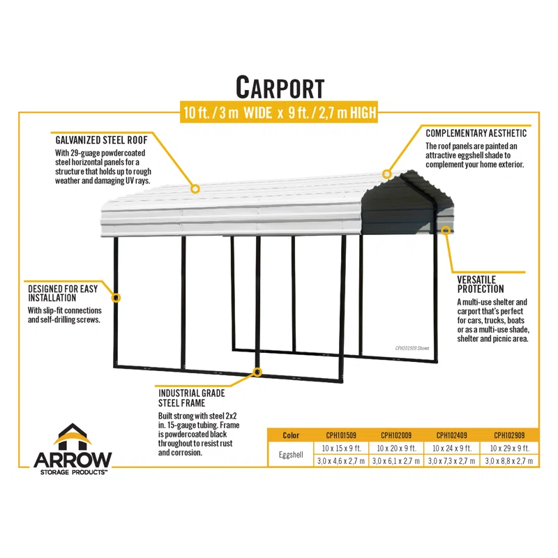 Arrow Arrow Galvanized Steel Carport, 10x15x9
