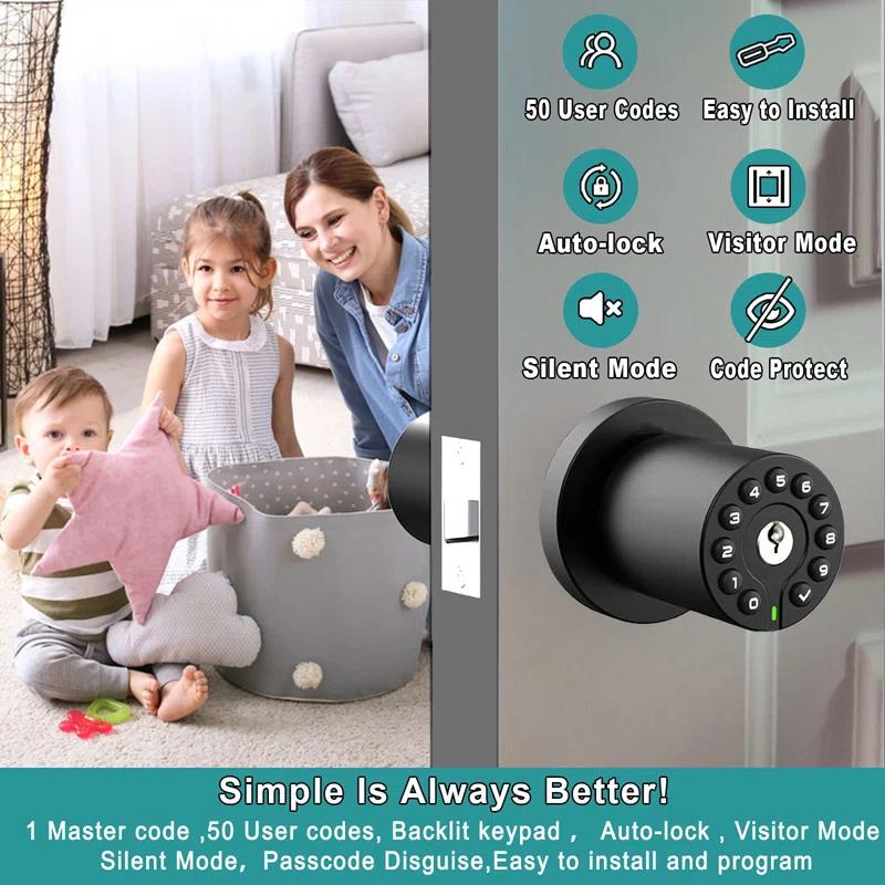Keypad Door Handle With Key, Keyless Code Entry Lock, Automatic Lock, 50 User Codes, Easy To Install, Suitable For Home, Office, Hotel, Bedroom, Garage, No Door Latch