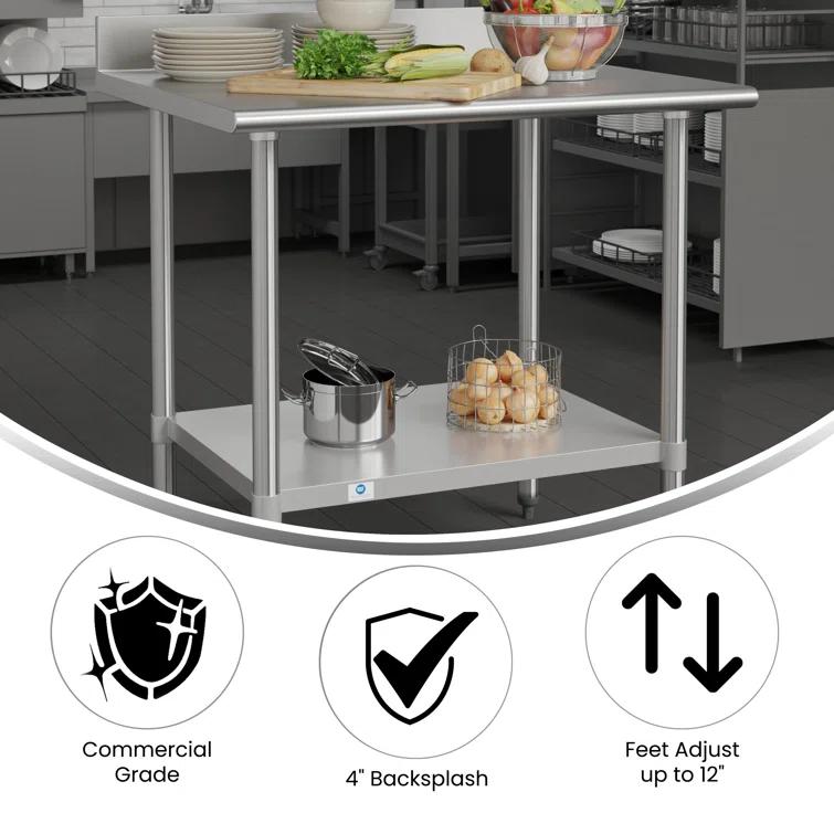 Flash Furniture Commercial Stainless Steel Kitchen Prep and Work Table with Shelf and Backsplash