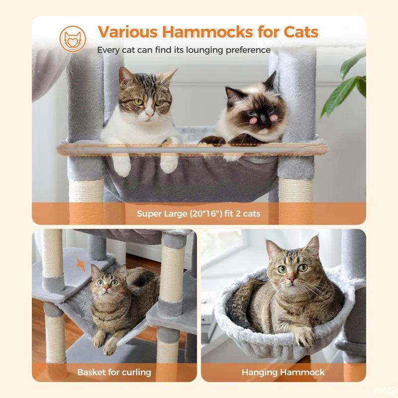 69" Tall Cat Tree Large Cat Tower With Super Big Hammock, Scratching Posts, Condo House And Large Top Perch